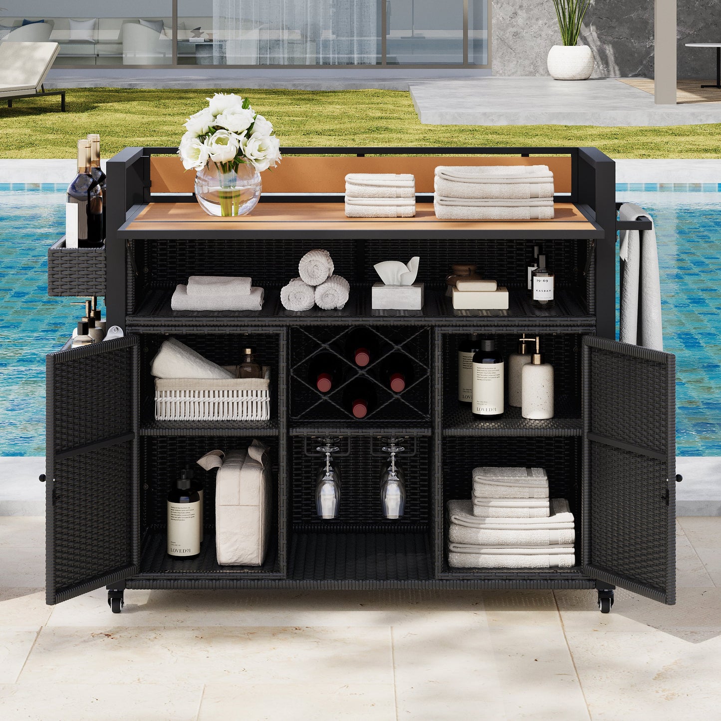 K&K 52.8"W Wicker Outdoor Grill Cart with Extended Table Top