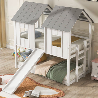 Twin Over Twin House Bunk Bed With Slide And Windows - White / Gray