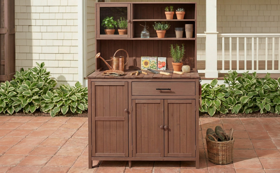 TOPAMX Potting Bench with Hutch, Solid Fir Wood Garden Workstation