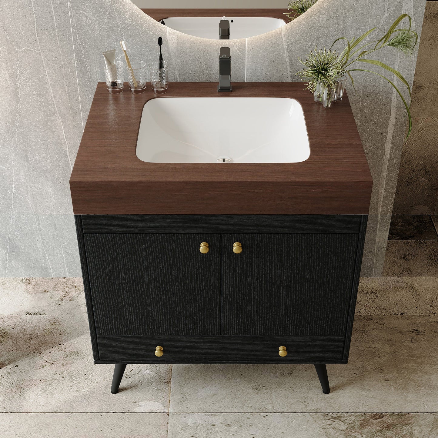 Contemporary Free-standing Bathroom Vanity with Faux Marble Top & Ceramic Sink