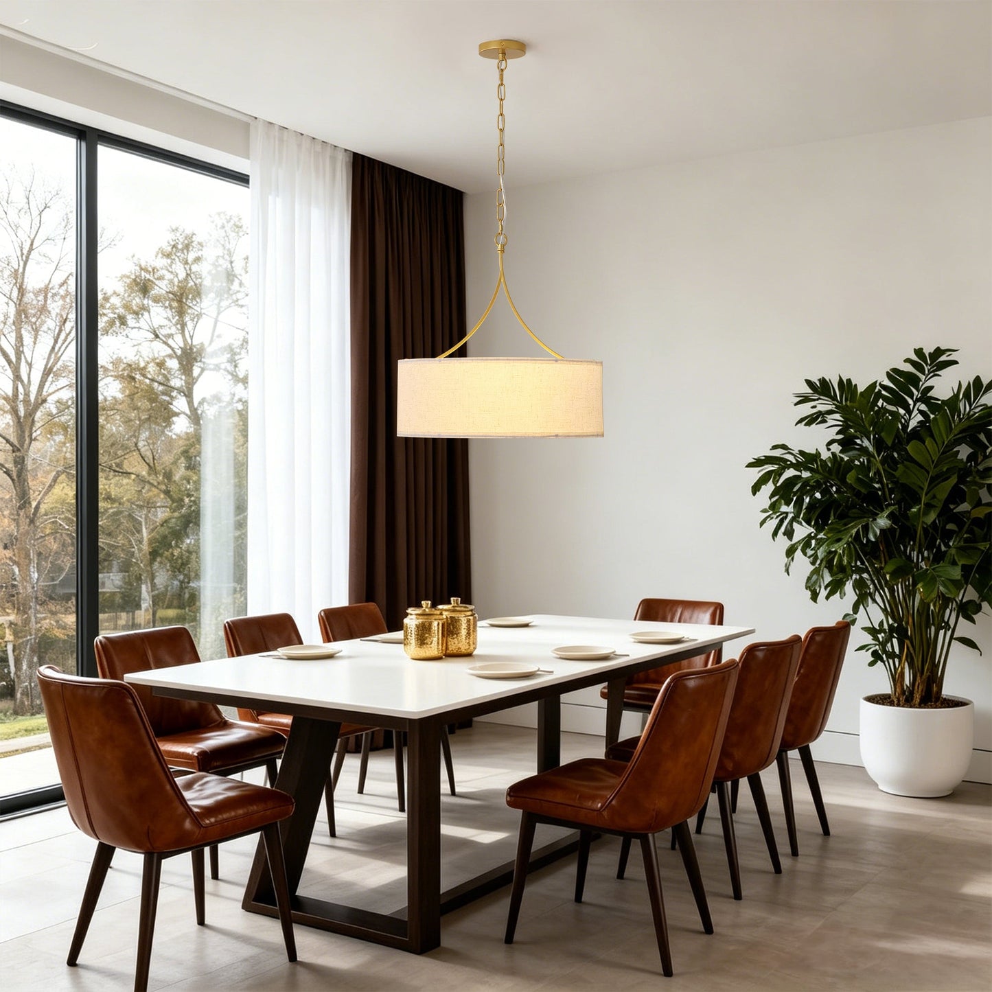 3-Light Gold Fabric Drum Pendant Light