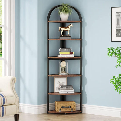 Tall 6 Tier Corner Shelf, Freestanding Bookshelf For Living Room - Rustic Brown