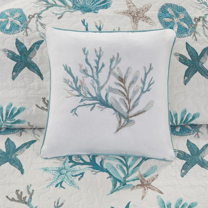 6 Piece Cotton Sateen Quilt Set with Throw Pillows Aqua King/Cal King