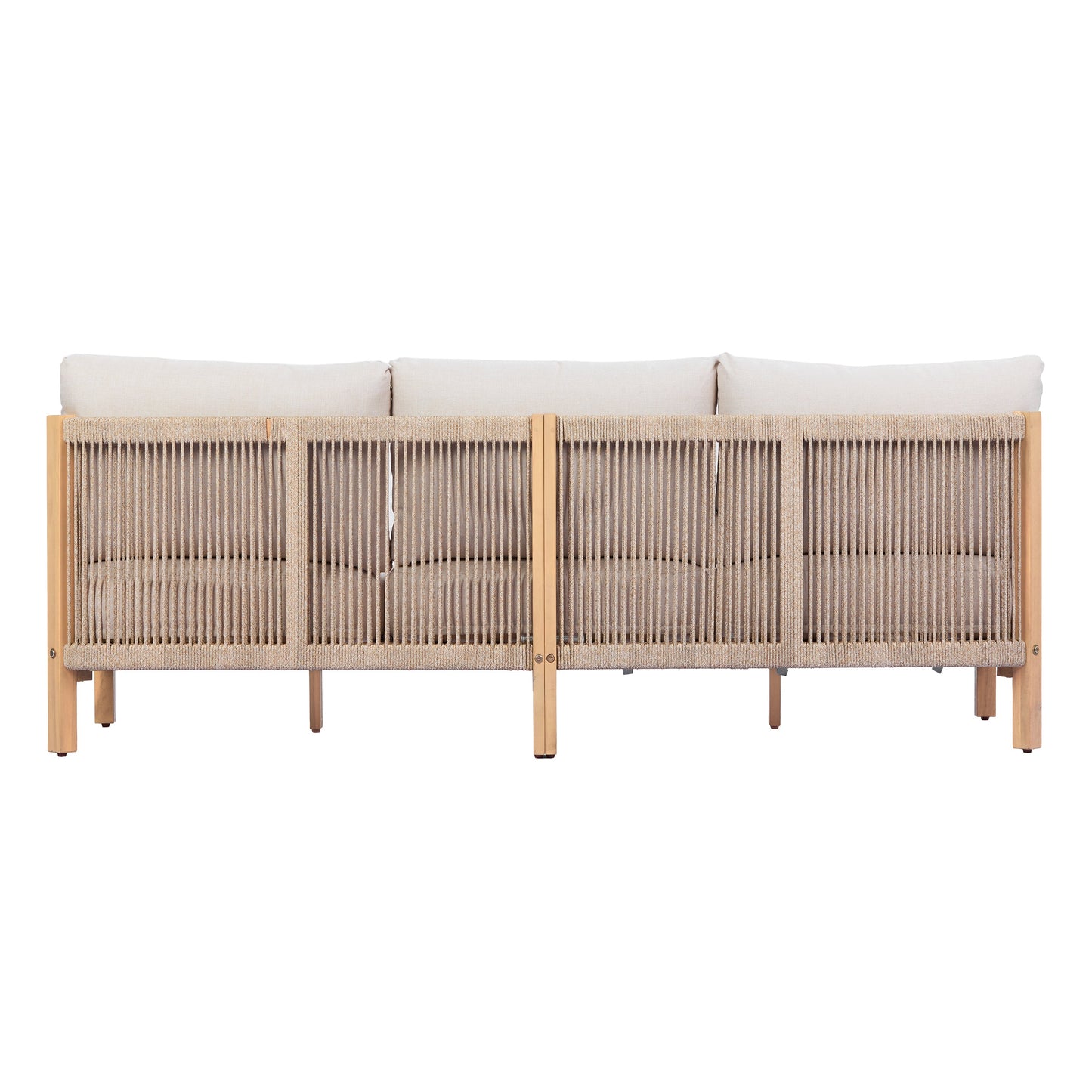 73.23" Outdoor Acacia Wood Frame Rope-Braided Backrest Three-Seater Sofa