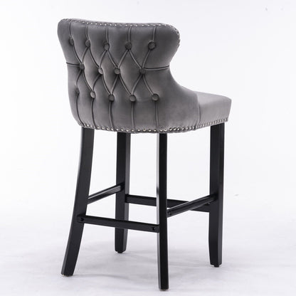 Contemporary Upholstered Wing-Back Barstools With Button Tufted Decoration And Wooden Legs, And Nailhead Trim, Leisure Style Bar Chairs, Bar Stools (Set of 2)