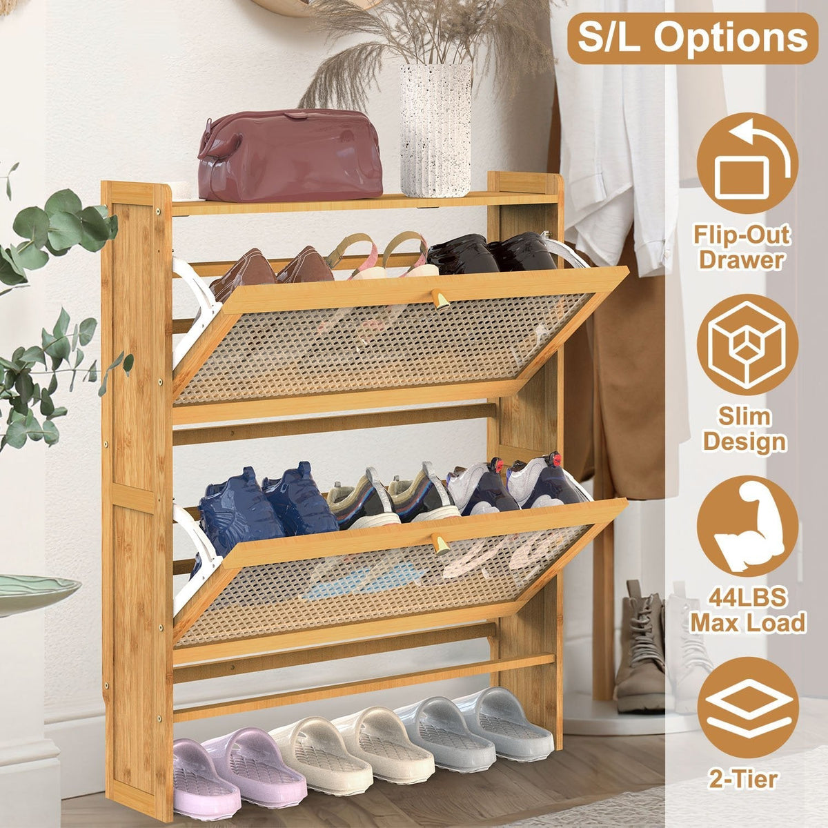 2-Tier Shoe CabinetÊwith 2 Flip Drawers Slim Bamboo Shoe Rack Freestanding Narrow Shoe Organizer with 44lbs Max Load for Entryway Hallway