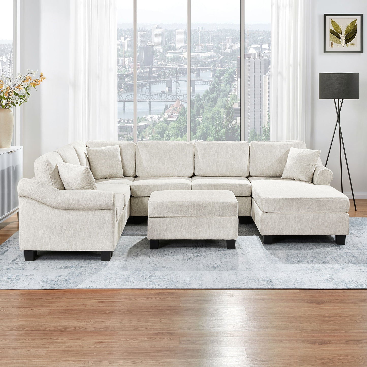 Contemporary U - Shaped Sectional Sofa With Movable Storage Ottoman