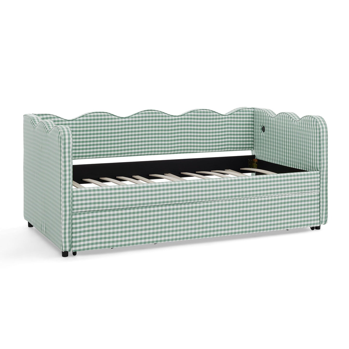 Gingham Daybed With USB Charging Port, Wave Shaped Design