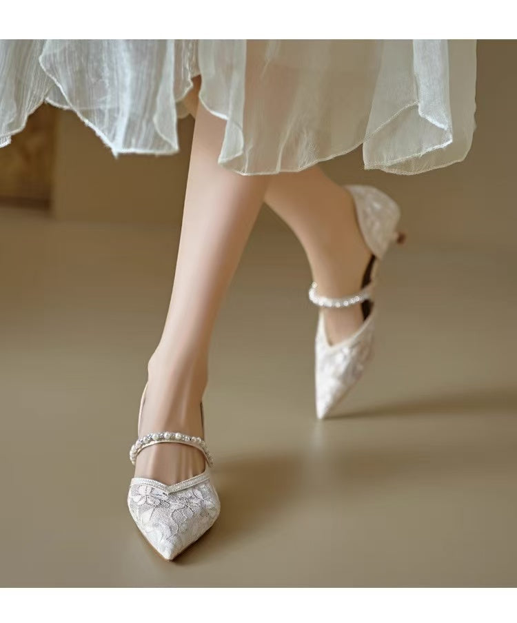 2026 New Fashion Mesh Strap Women's Mary Jane Shoes, Low Cut Pointed Toe Wedding Shoes, Thin High Heels Matching Dresses