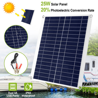 Outdoor Solar Panel 12V 25W Car Battery Charger IP68 Waterproof w/ 3.0A Dual USB Charging Clip Line For RV Car Boat