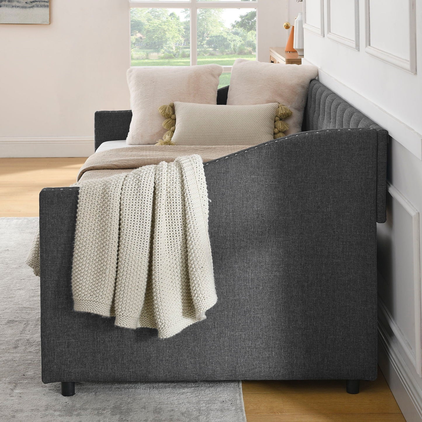 Upholstered Tufted Daybed With 2 Drawers, Waved Arms