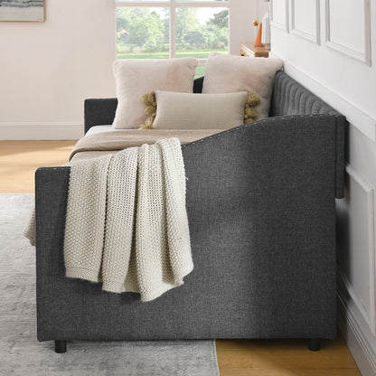 Upholstered Tufted Daybed With 2 Drawers, Waved Arms