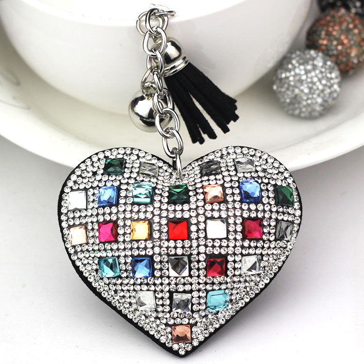 LuxeCharm Sparkling Gold Rhinestone Heart Keychain | Champagne Crystal Studded Heart Bag Charm with Tassel and Bell – European Style Personalized Gift