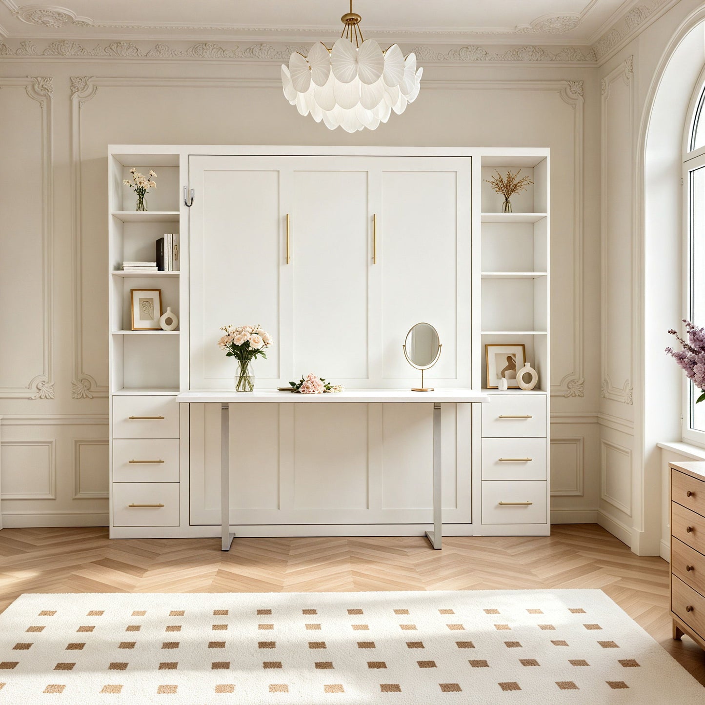 Queen Size Murphy Wall Bed With Side Storage Cabinets - White