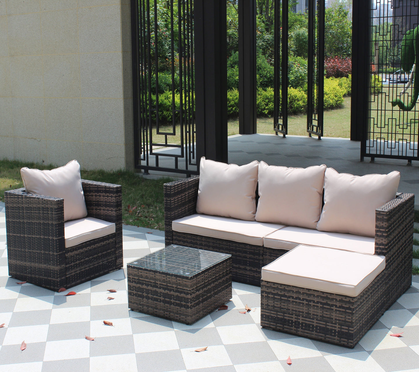 Rattan Patio Furniture Set Wicker Sofa Cushioned Sectional (4 Pieces, Brown)