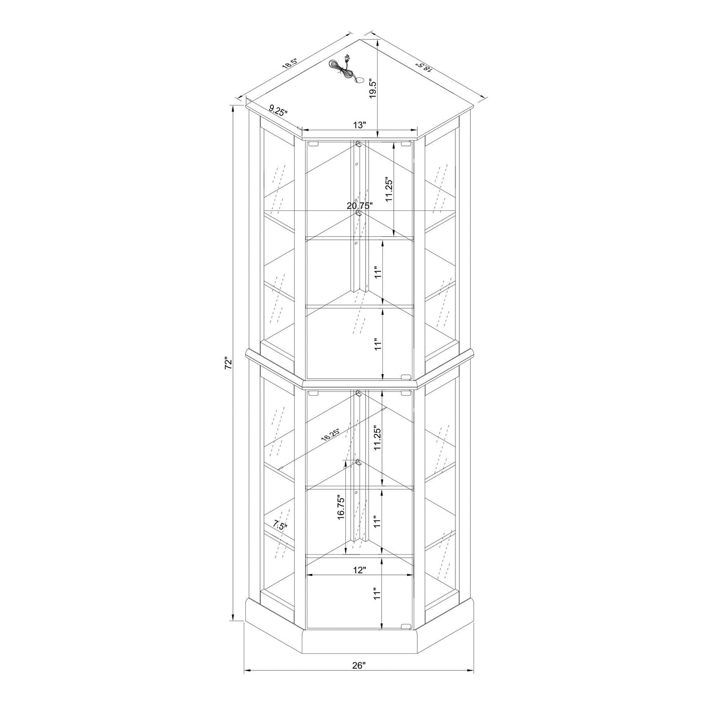 6 Shelf Corner Curio Display Cabinet With Lights, Mirrors And Adjustable Shelves
