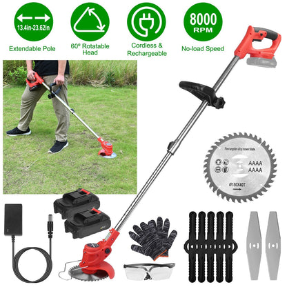 Electric Cordless Grass Trimmer Rechargeable Lawn Mower Weed Cutter with 2 Alloy Saw Blades 2 Alloy Blades 10 Plastic Blades 2 Rechargeable Batteries