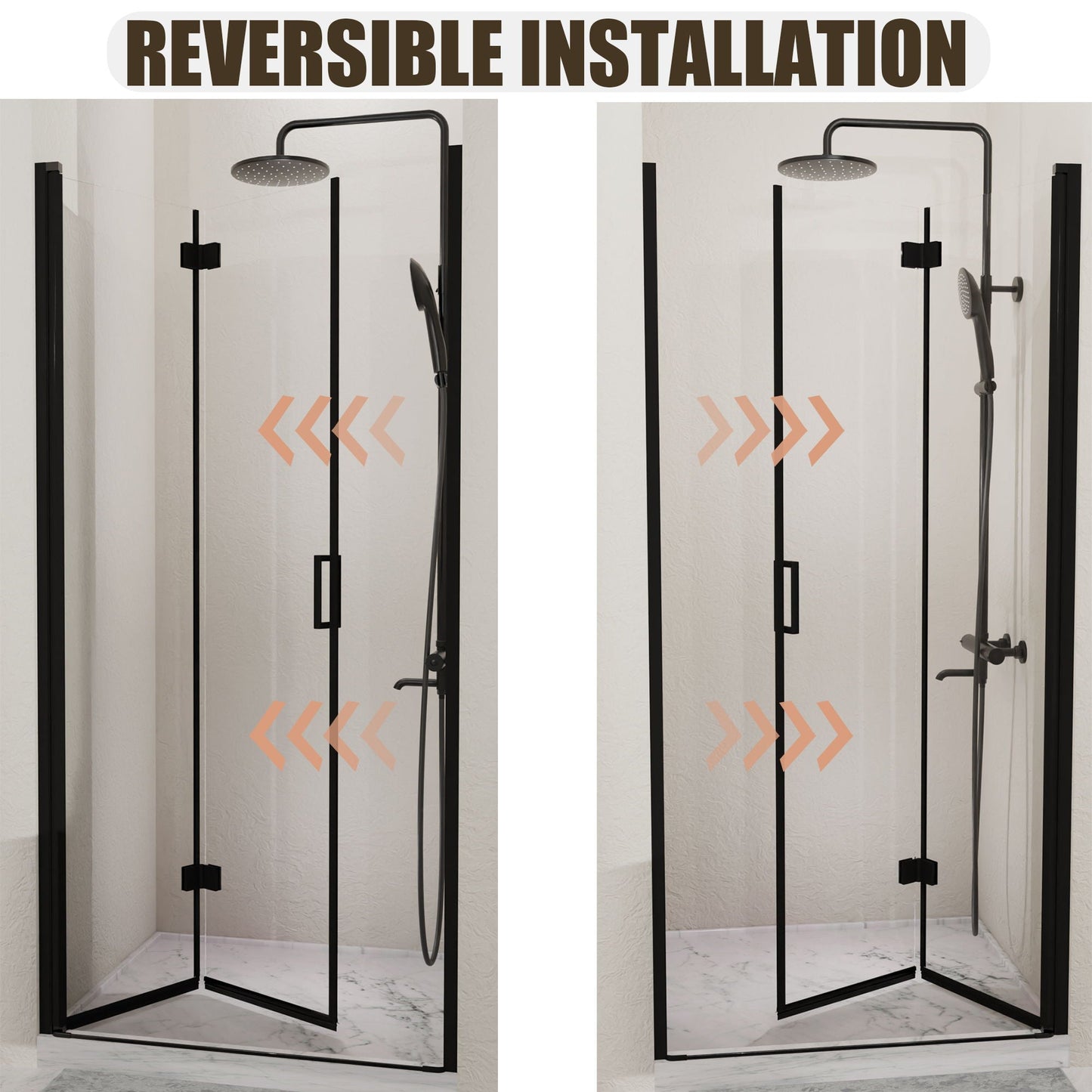 Semi Frameless Bifold Pivot Shower Door, Reversible Installation