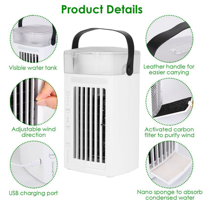 4 In 1 Portable Air Conditioner Fan Evaporative Air Cooler Water Mist Cooling Fan for Desktop 3 Speeds Nightlight