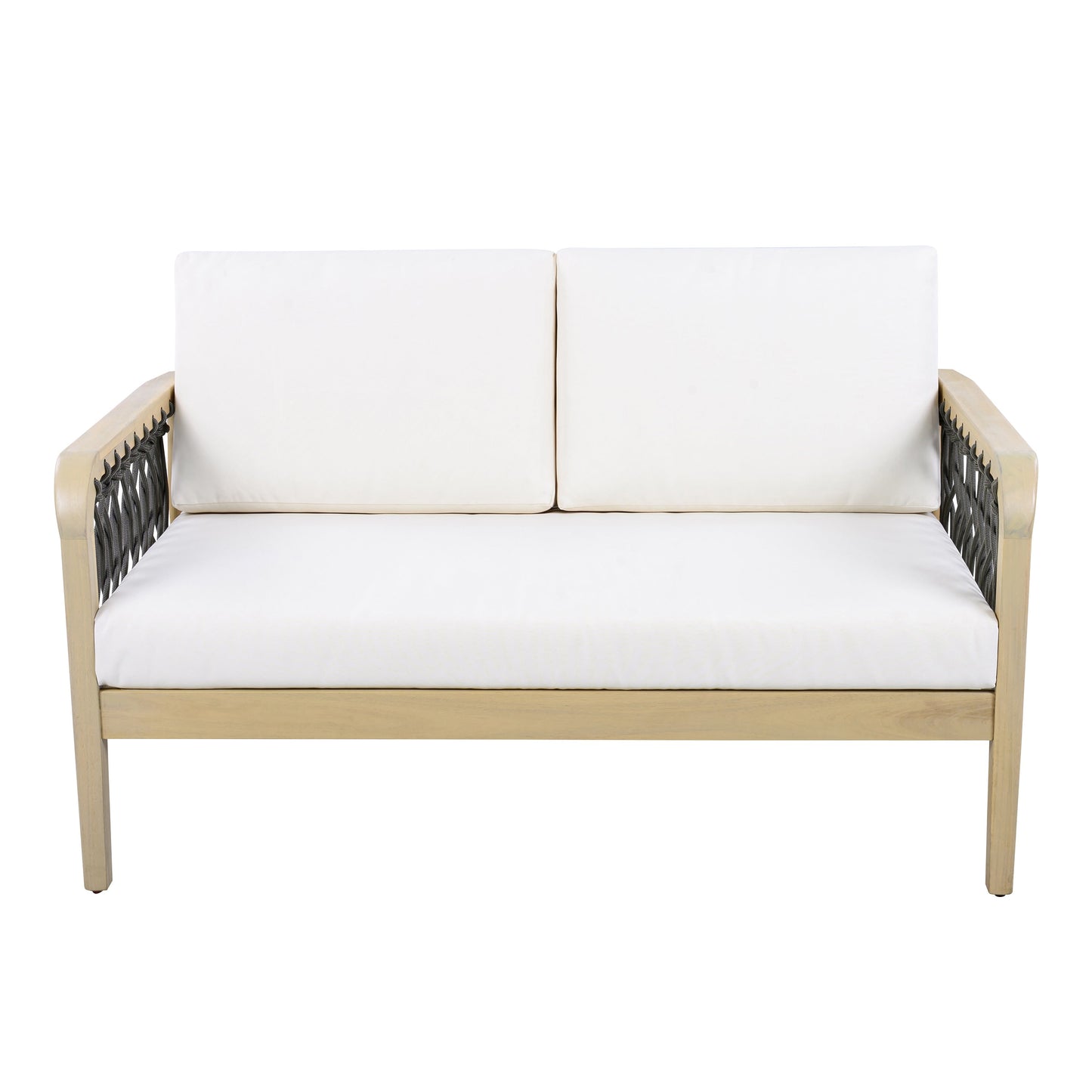 Outdoor Acacia Wood Loveseat & Coffee Table Set with Handwoven Rope, Light Teak