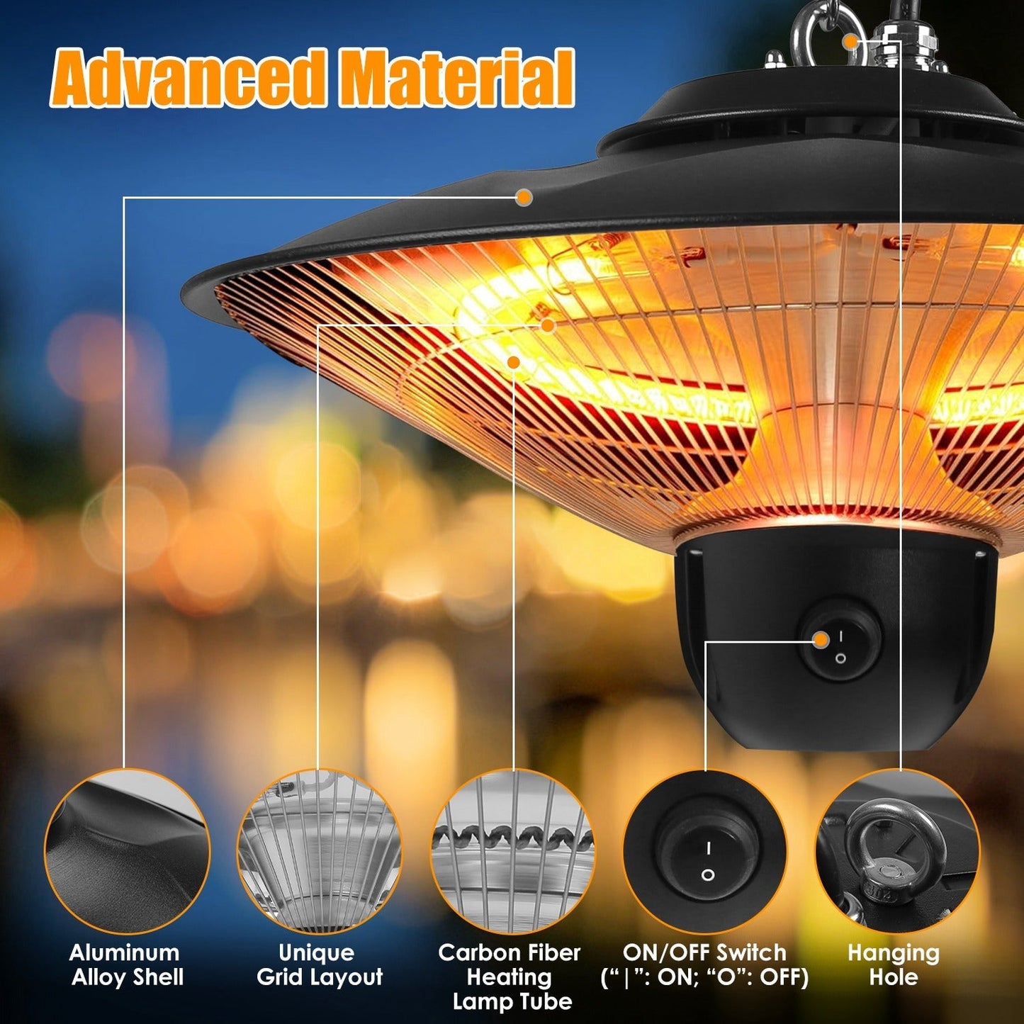 1500W Electric Hanging Patio Heater with 3 Heat Levels & Timer
