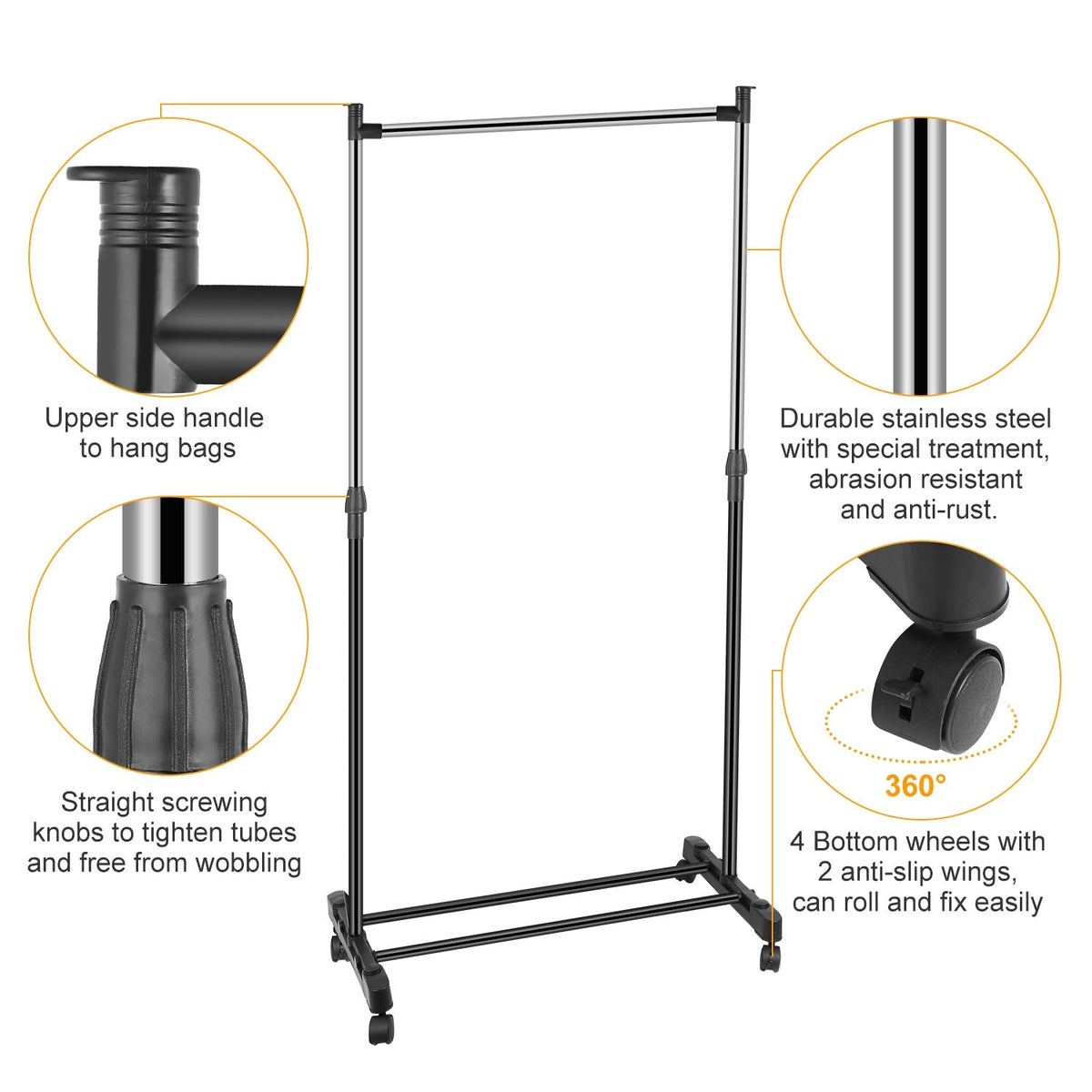 15kg/33lbs Garment Racks 3.12ft-4.80ft Height Adjustable Clothes Stand Foldable Clothes Hanger w/ Wheels Storage Shelf For Dormitory Home