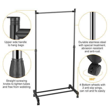 15kg/33lbs Garment Racks 3.12ft-4.80ft Height Adjustable Clothes Stand Foldable Clothes Hanger w/ Wheels Storage Shelf For Dormitory Home