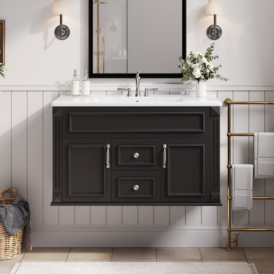 36 Inch Wall Mounted Bathroom Cabinet with Ceramic Sink and Drawers