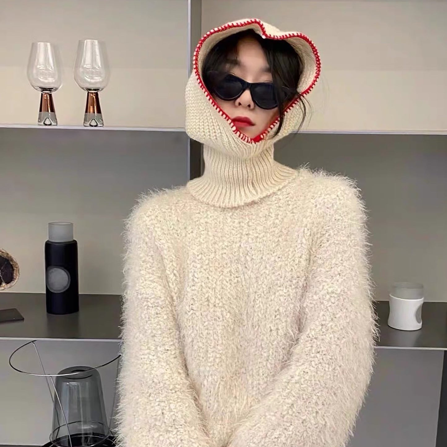 Special-interest Design Autumn And Winter Warm Cool Contrast Color Edge Sealing One-piece Scarf Knitted Woolen Cap