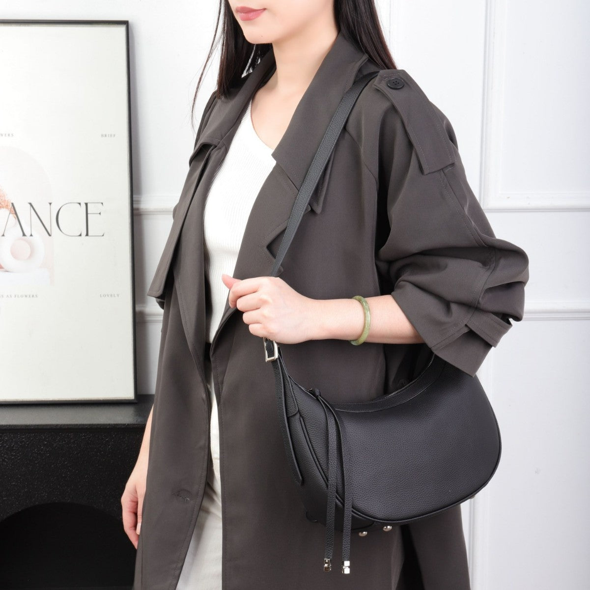 Cross-border Fashion Minimalist Top-grain Leather Dumpling Bag, Genuine Leather Women's Bag, Light Luxury Shoulder And Crossbody Half-moon Underarm Bag