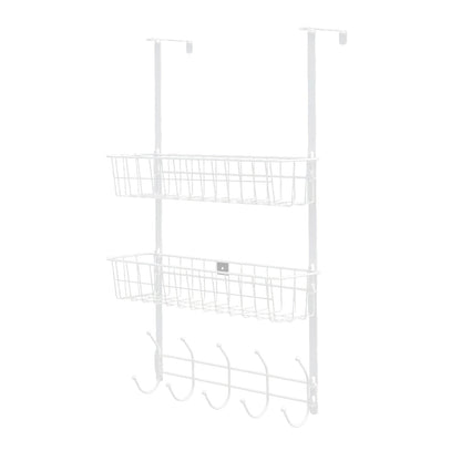 Over The Door Hooks Organizer Door Towel Rack Hanger 5 Hooks with 2 Metal Baskets for Bathroom Bedroom Kitchen Storage Shelf