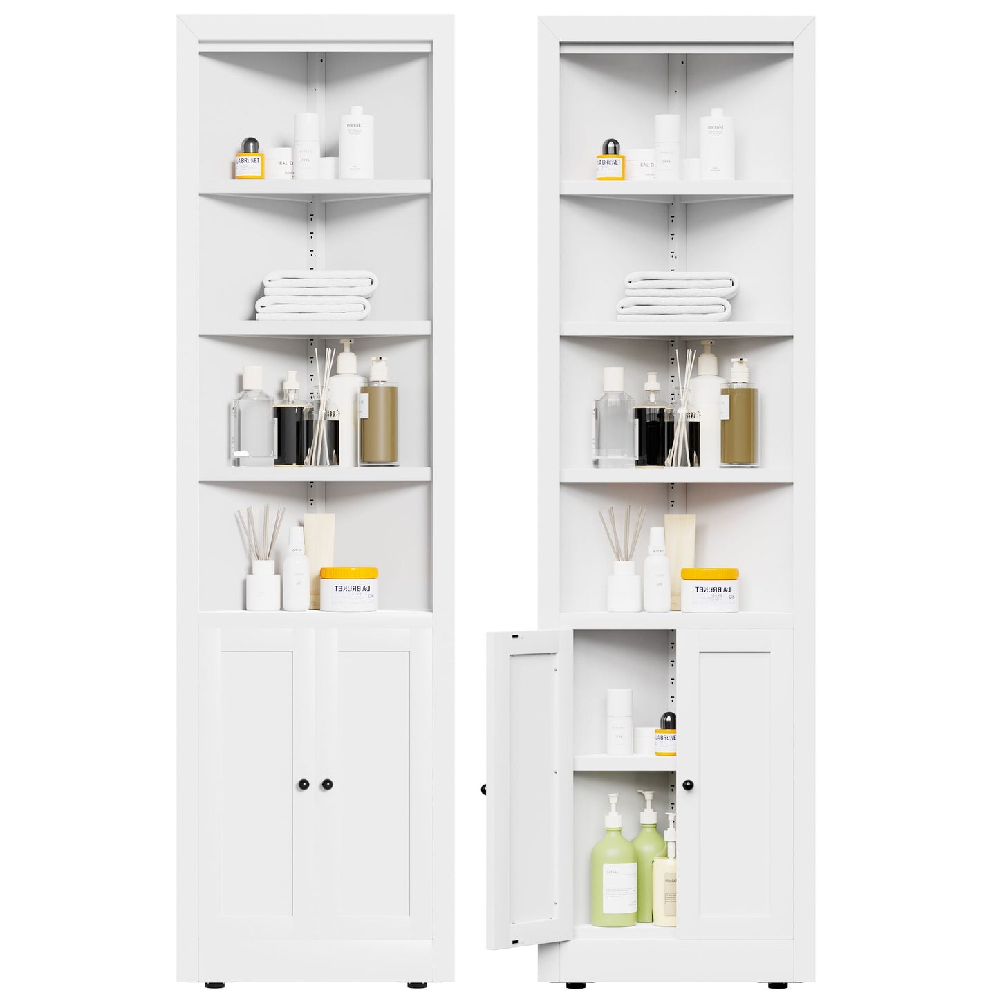 Tall Corner Storage Cabinet With 2 Doors, 5-Tier With Adjustable Shelves, Freestanding - White