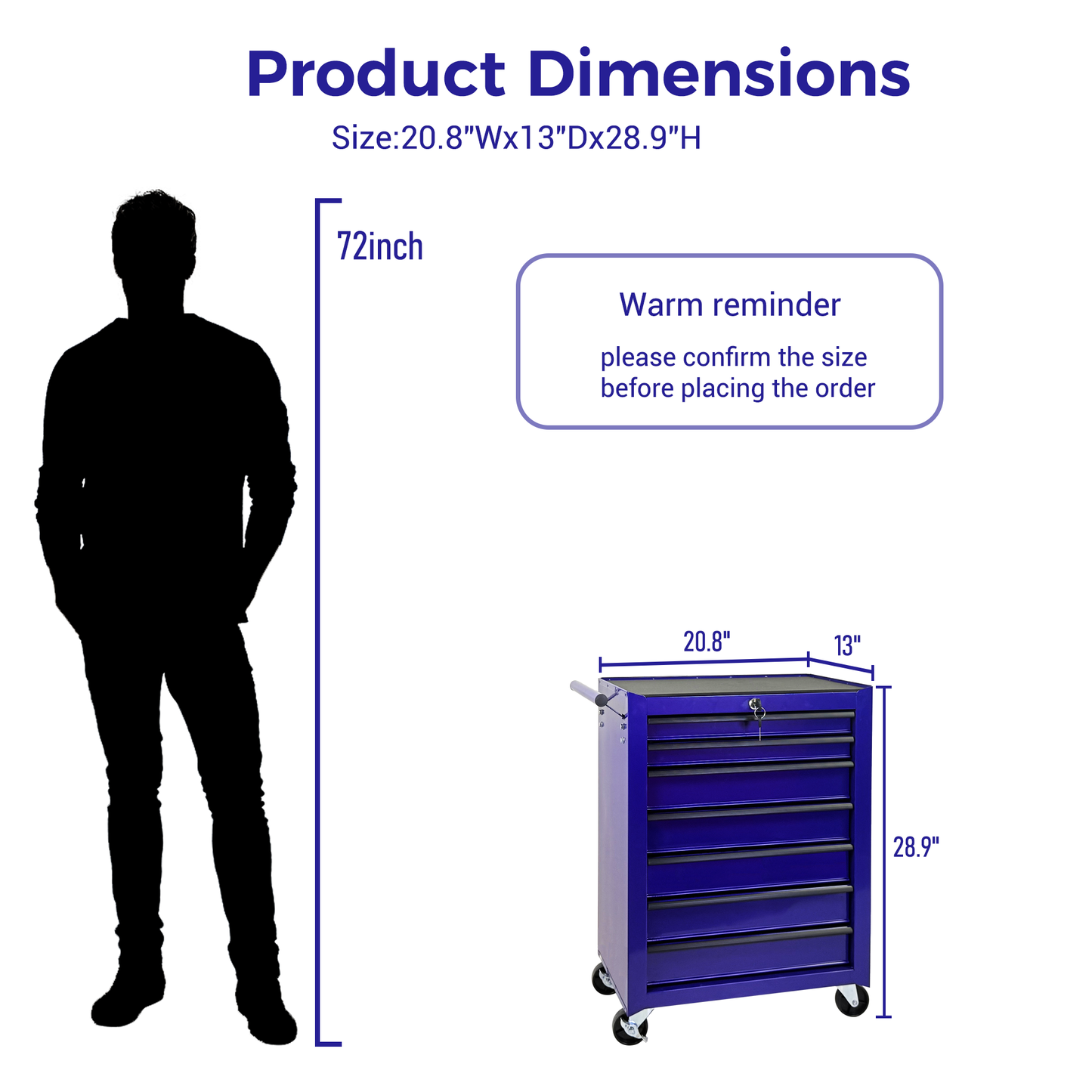 Rolling Metal Tool Chest with 7 Drawers, 20" Steel Cabinet - Purple