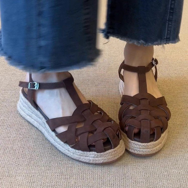 Woven Linen Casual Ethnic Vintage Chic Sporty Sandals With A Comfortable Thick Wedge Sole
