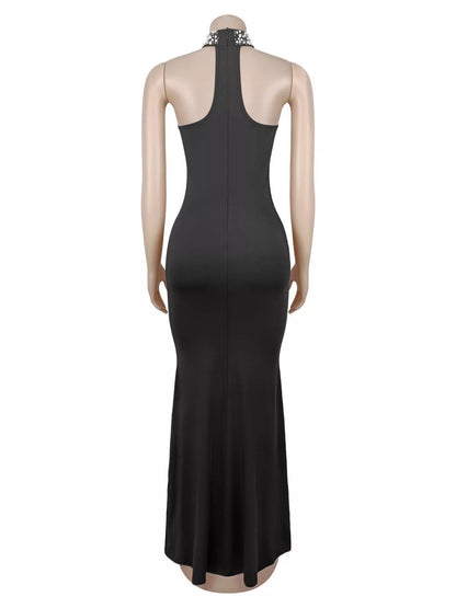Pearl Detail Rhinestone Sleeveless Maxi Dress