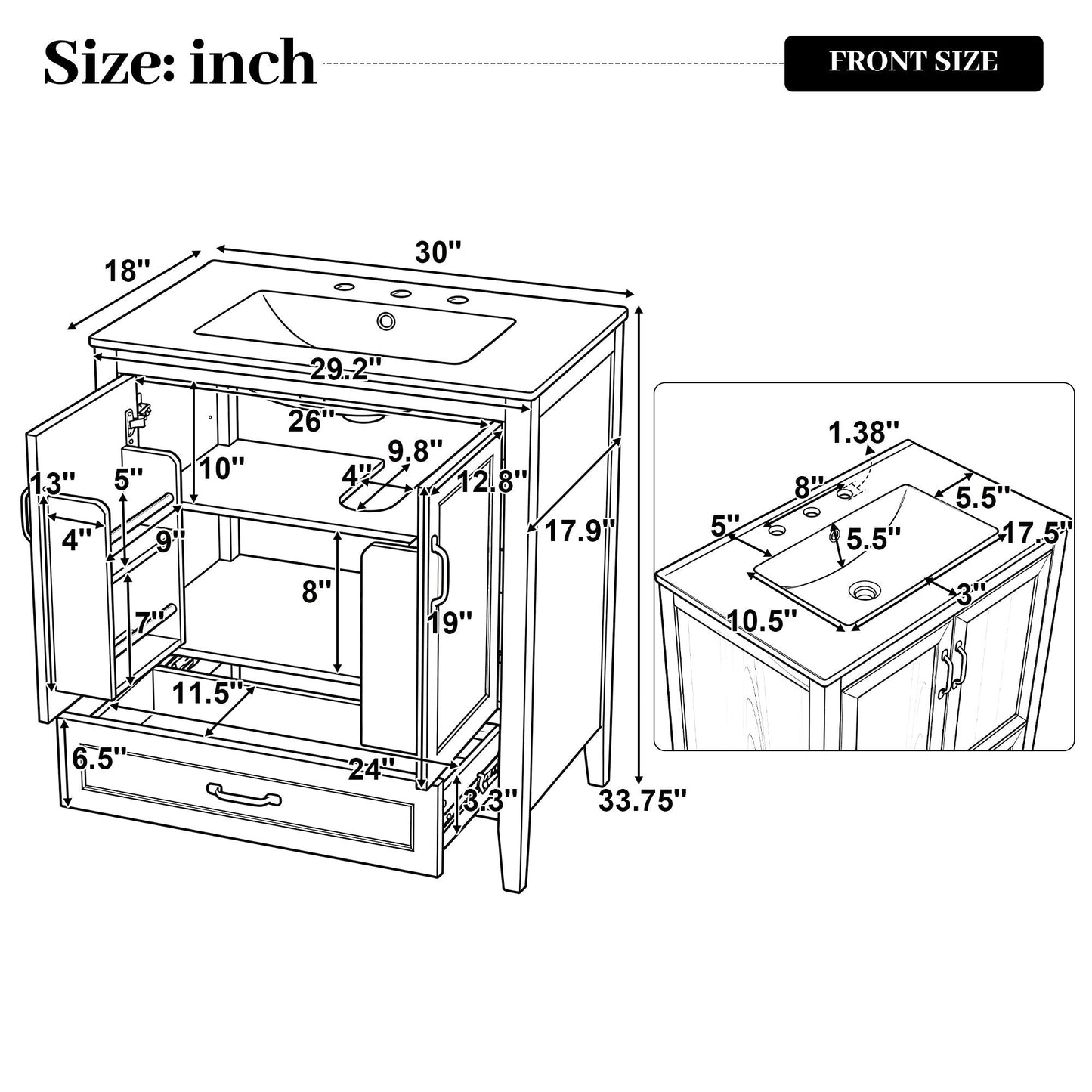Elegant Fluted Bathroom Vanity With Sink, Soft Close Doors & Drawer