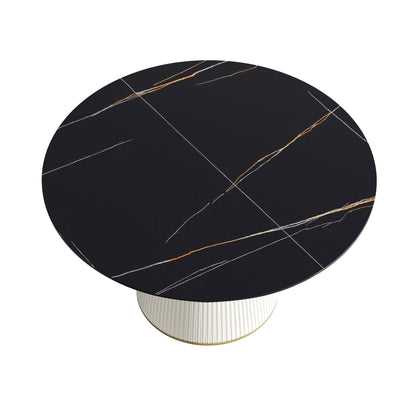 Modern Artificial Stone Round Plywood Base Dining Table, Can Accommodate 6 People, (Not Including Chairs) - Black / Beige