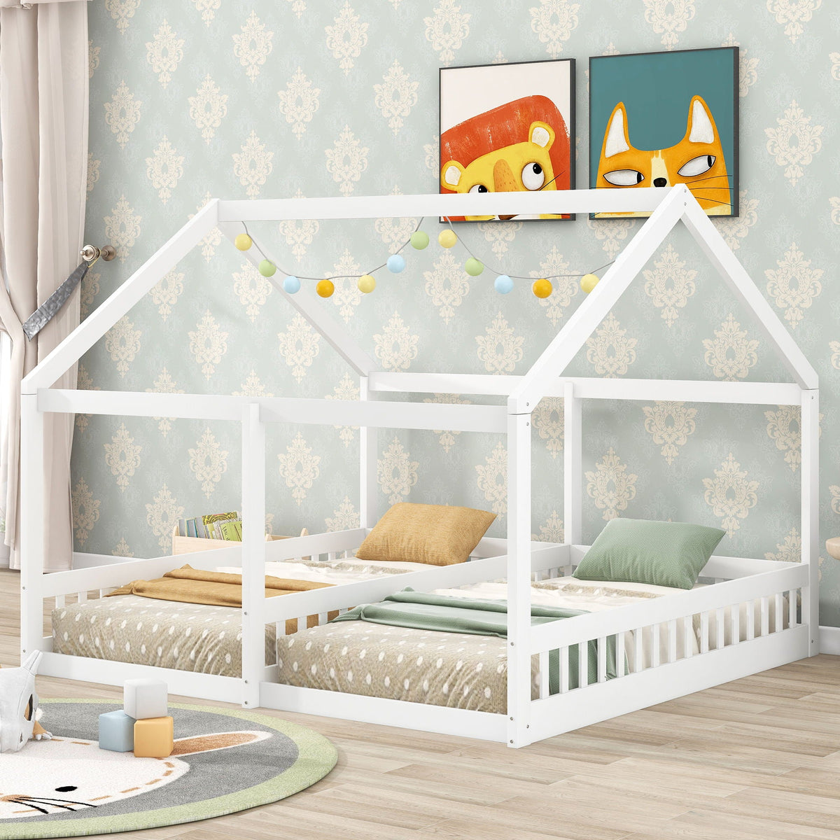 House Platform Beds, 2 Shared Beds, Metal Frame With Guardrails
