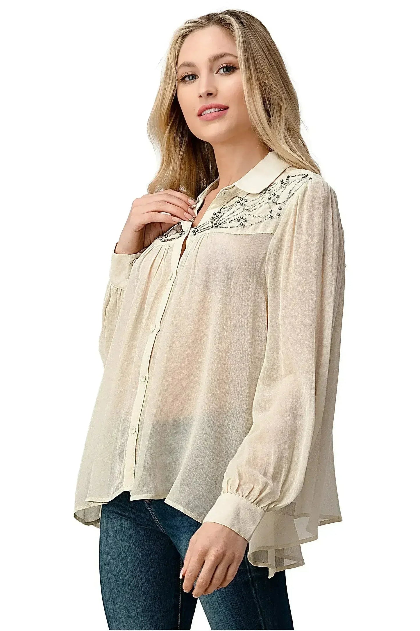 Embroidered Sheer Blouse - Beaded Jewel Trim Button-Up Top | Femstylo
