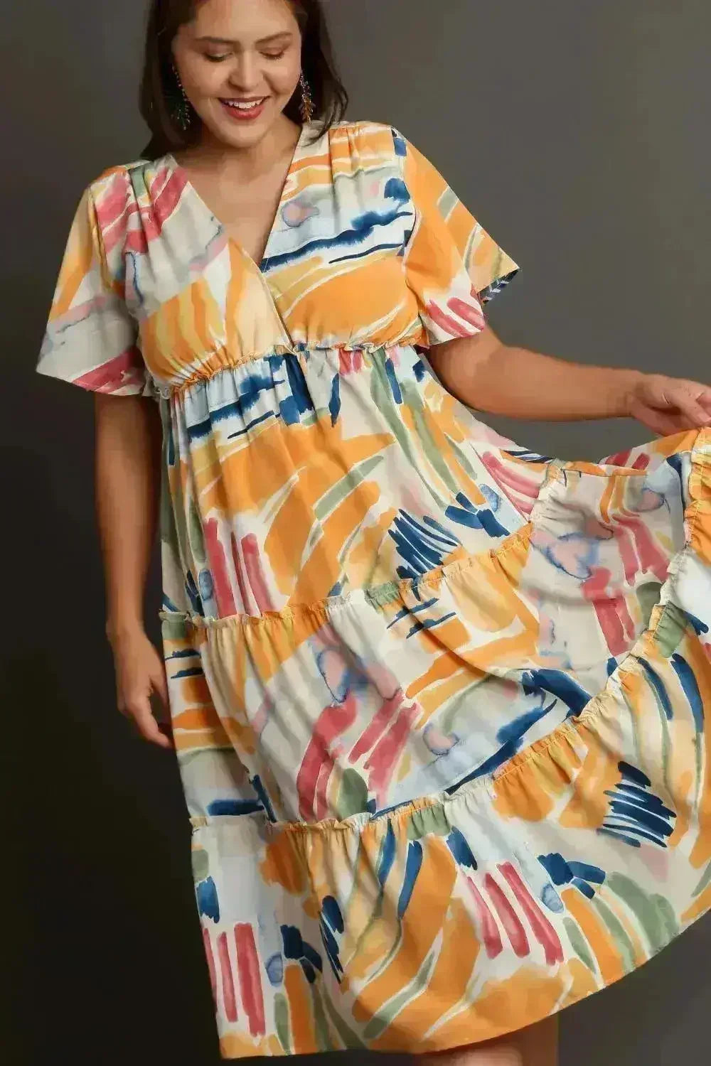 Umgee Abstract Print Midi Dress – Flutter Sleeves & Tiered Frill Detail
