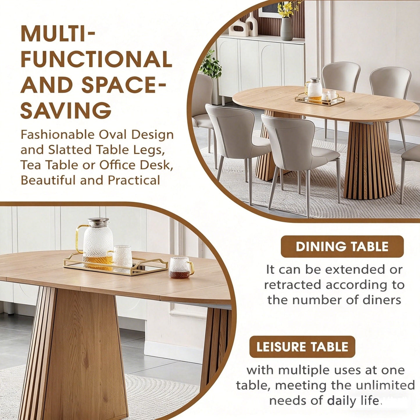 Dining Table, Flexible Extendable Oval Design With Slatted Legs - Natural Wood