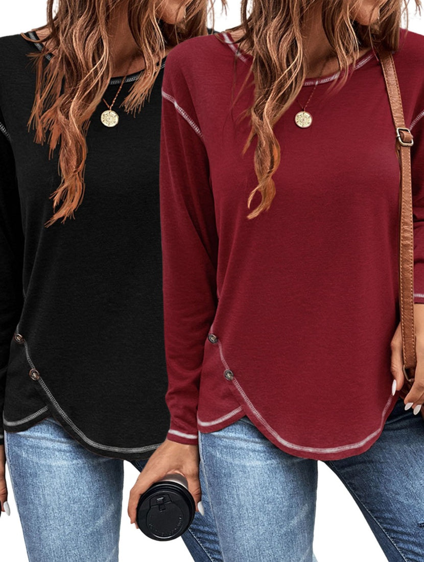 Europe And America New Women's Solid Button Irregular Edge T-shirt