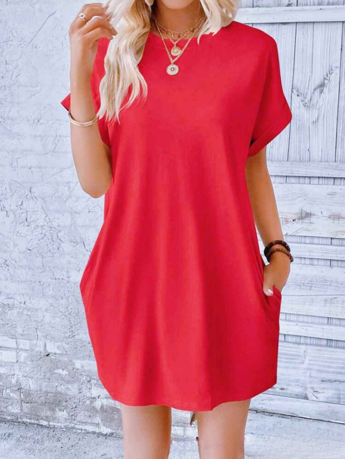 Loose Plus Size Fashion Casual Dress Solid Batwing Sleeve Tee Dress