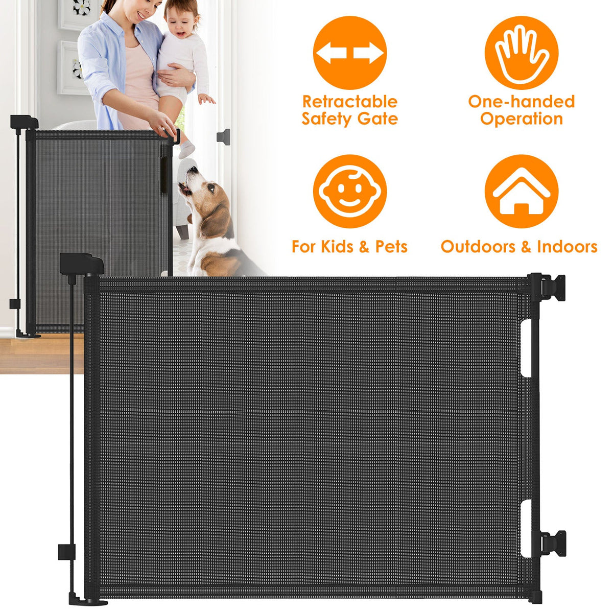 Baby Security Gate Retractable Door Extra Wide Child Safety Stairs Gate 61x34in for Doorway Hallway Indoor Outdoor