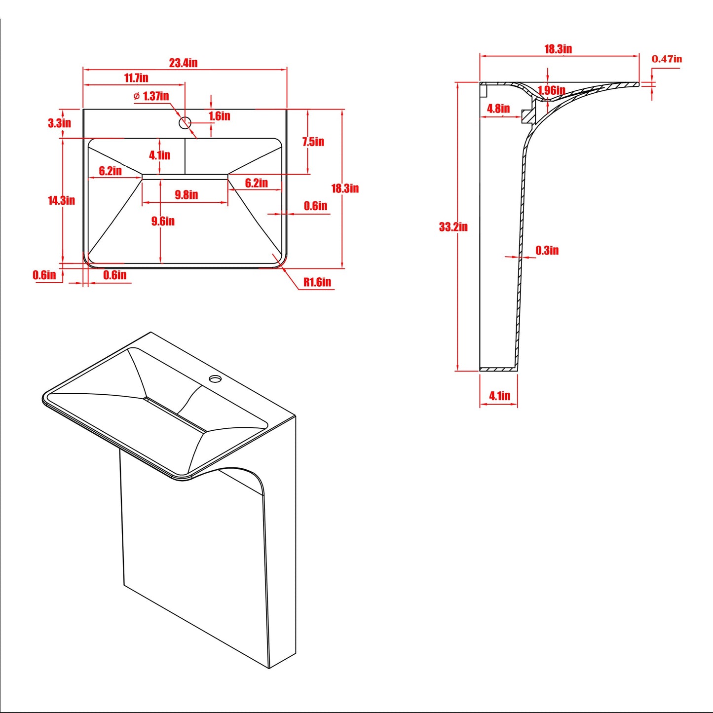 Modern Wall-Mounted Solid Surface Pedestal Sink