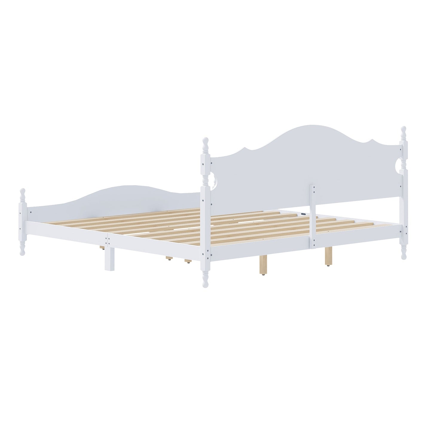 King Bed Frame with Headboard, Retro Style Wooden Platform Bed
