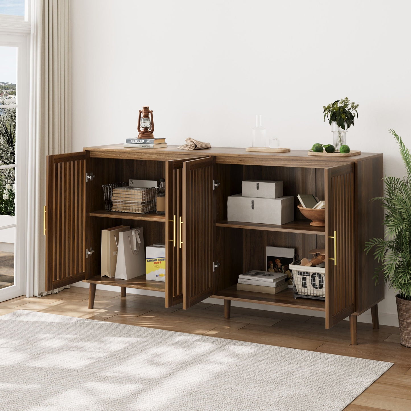 Grille Striped Sideboard Buffet Cabinet With Storage