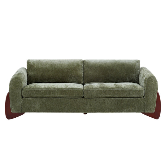 89"L Chenille Sofa with Wooden Legs – Olive