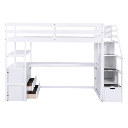 Loft Bed With Desk, Shelves, 2 Drawers, Storage Staircase