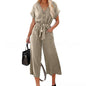 Women's Wide-Leg Jumpsuit Relaxed V-Neck Tie-Waist with Pockets Summer